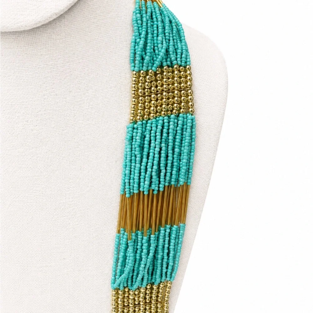Turquoise and Gold Multi-Strand Seed Bead Necklace